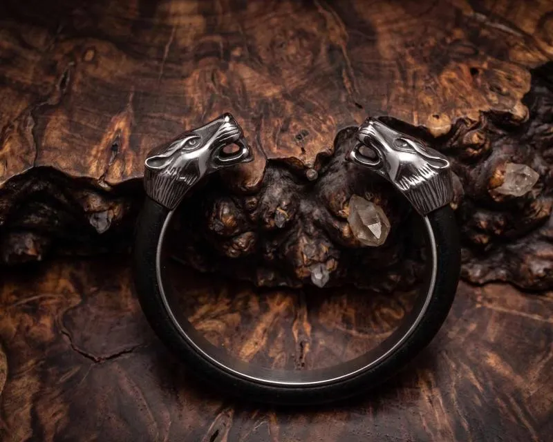 tainless steel leather Wolf bangle